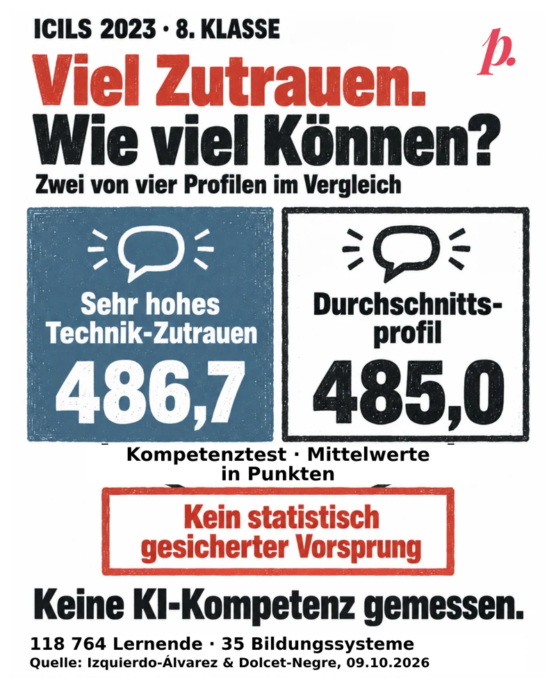 Zwei gleich grosse Vergleichsfelder zeigen zwei von vier Profilen aus ICILS 2023. Das Profil mit sehr hohem Technik-Zutrauen erreicht im Test der Computer- und Informationskompetenz im Mittel 486,7 Punkte, das Durchschnittsprofil 485,0 Punkte. Die Felder führen zur Aussage: Kein statistisch gesicherter Vorsprung. Darunter: Keine KI-Kompetenz gemessen. Auswertung von 118764 Lernenden aus 35 Bildungssystemen. Quelle vom 09.10.2026; Originalmarke oben rechts.