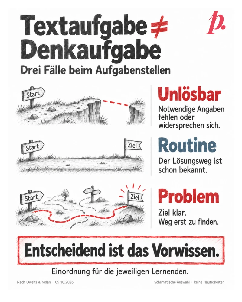 Eine Bleistiftzeichnung ordnet drei Fälle beim Aufgabenstellen ein. Unlösbar: Ein Weg bricht ab; Notwendige Angaben fehlen oder widersprechen sich. Routine: Ein gerader Weg führt vom Start zum Ziel; der Lösungsweg ist schon bekannt. Problem: Verschiedene Wege führen zu einem klaren Ziel; der Weg muss erst gefunden werden. Darunter steht: Entscheidend ist das Vorwissen. Die Einordnung gilt für die jeweiligen Lernenden. Schematische Auswahl nach Owens und Nolan vom 09.10.2026, keine Häufigkeiten. Titel: Textaufgabe ist nicht gleich Denkaufgabe. Originalmarke oben rechts.