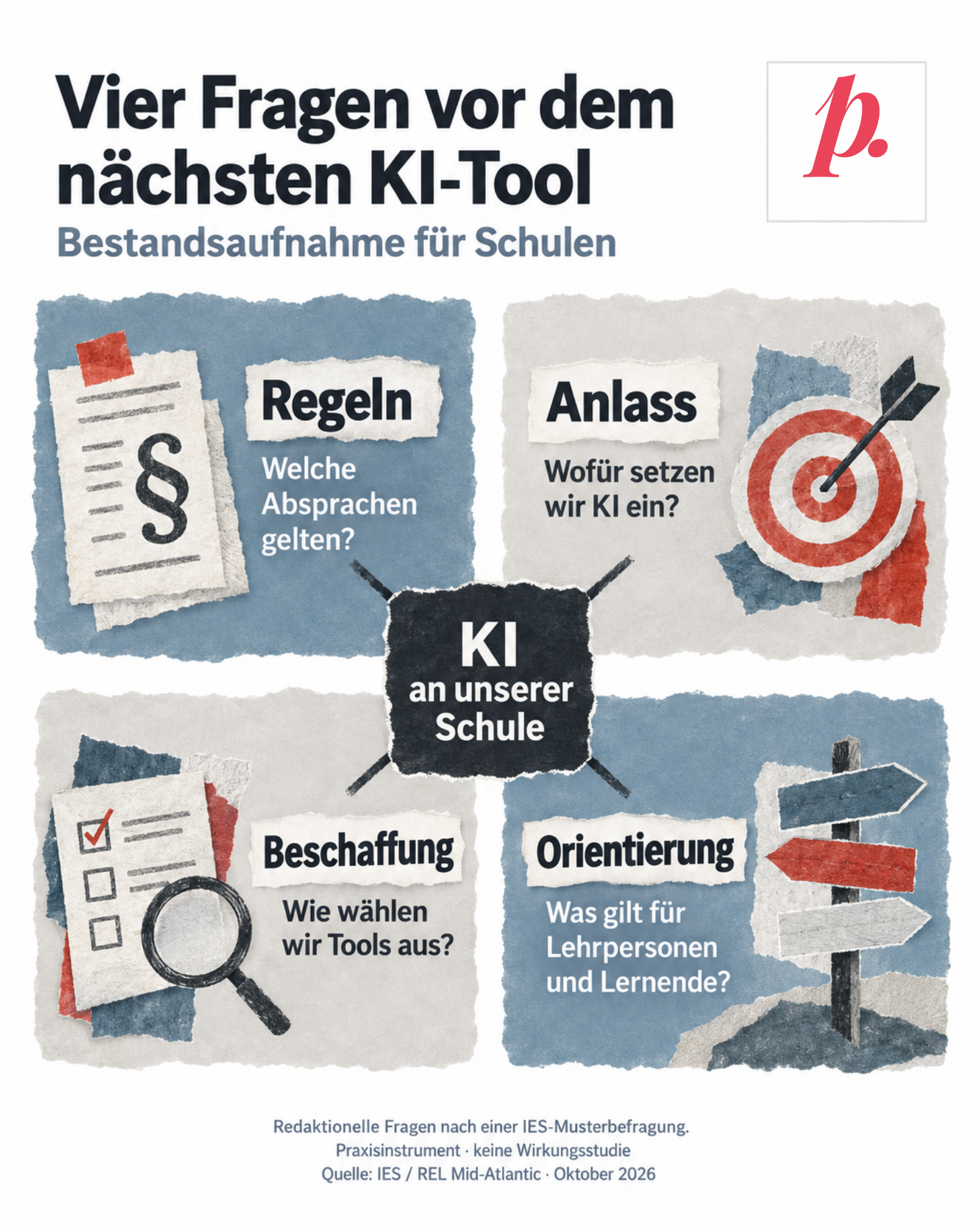 Papiercollage mit vier gleichwertigen Bereichen um «KI an unserer Schule»: Regeln – Welche Absprachen gelten? Anlass – Wofür setzen wir KI ein? Beschaffung – Wie wählen wir Tools aus? Orientierung – Was gilt für Lehrpersonen und Lernende? Verbindungen ordnen die Bereiche, sie zeigen keine getestete Reihenfolge. Redaktionelle Fragen nach einer IES-Musterbefragung, Praxisinstrument ohne Wirkungsnachweis. Originalmarke oben rechts.