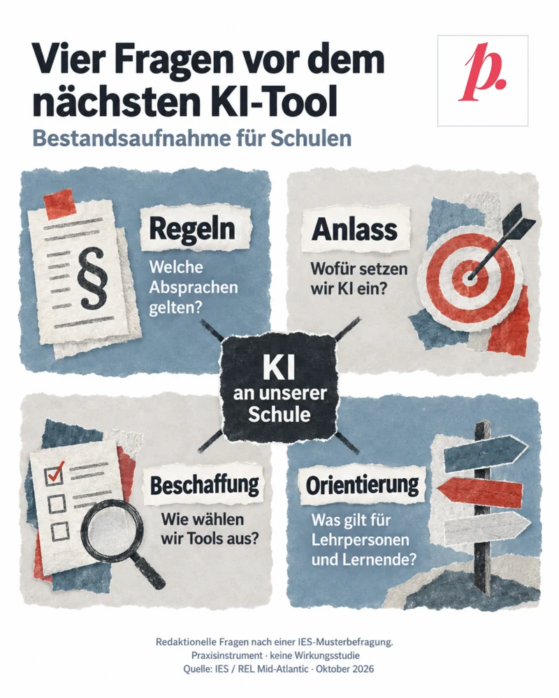 Papiercollage mit vier gleichwertigen Bereichen um «KI an unserer Schule»: Regeln – Welche Absprachen gelten? Anlass – Wofür setzen wir KI ein? Beschaffung – Wie wählen wir Tools aus? Orientierung – Was gilt für Lehrpersonen und Lernende? Verbindungen ordnen die Bereiche, sie zeigen keine getestete Reihenfolge. Redaktionelle Fragen nach einer IES-Musterbefragung, Praxisinstrument ohne Wirkungsnachweis. Originalmarke oben rechts.
