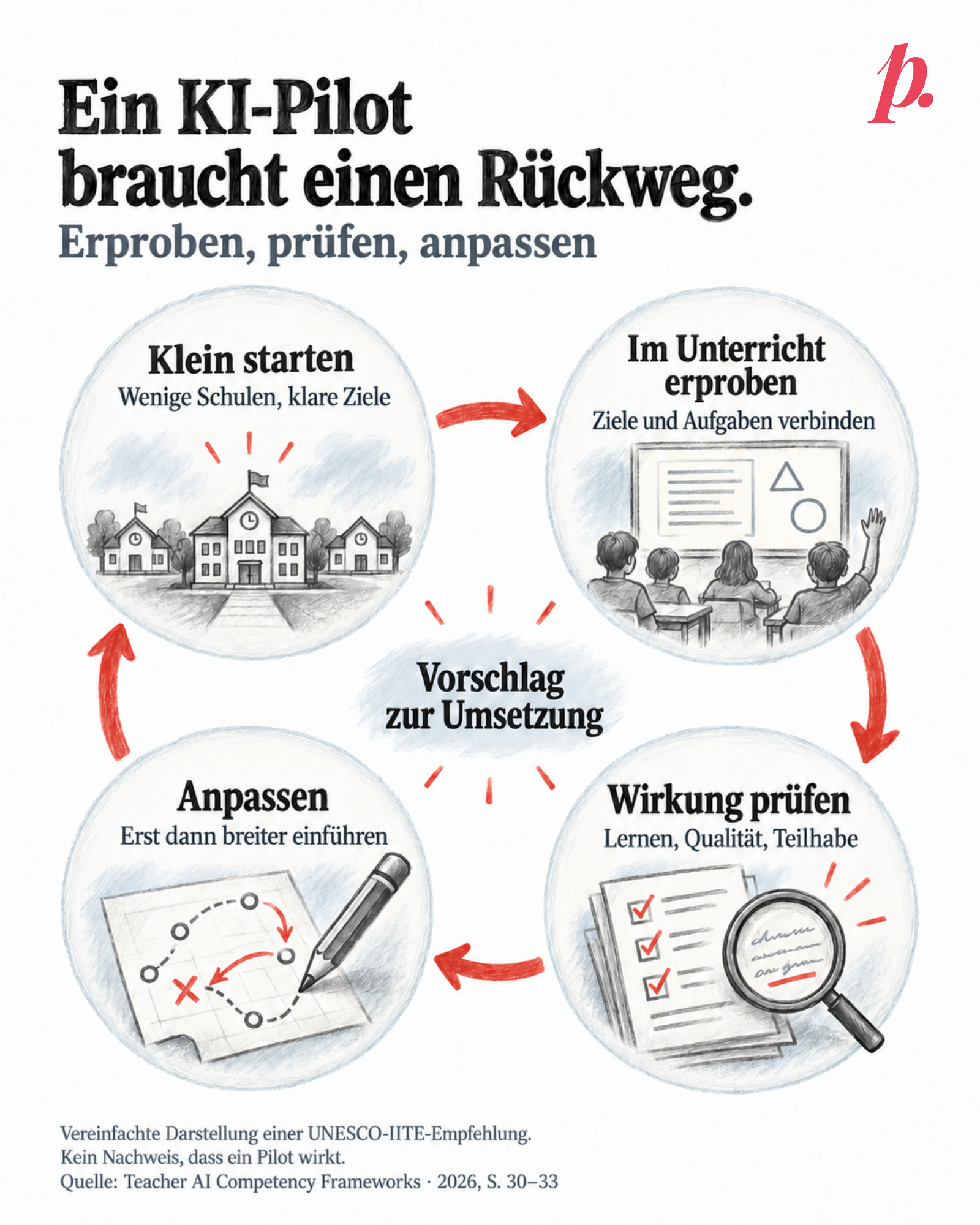 Vier Stationen bilden einen roten Kreislauf: Klein starten – wenige Schulen, klare Ziele; im Unterricht erproben – Ziele und Aufgaben verbinden; Wirkung prüfen – Lernen, Qualität, Teilhabe; anpassen – erst dann breiter einführen. Der Pfeil führt zurück zum kleinen Start. In der Mitte steht «Vorschlag zur Umsetzung». Vereinfachte Darstellung einer UNESCO-IITE-Empfehlung, kein Nachweis einer Wirkung. Bleistiftskizzen und Originalmarke.