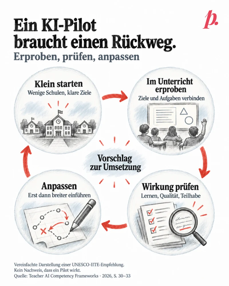 Vier Stationen bilden einen roten Kreislauf: Klein starten – wenige Schulen, klare Ziele; im Unterricht erproben – Ziele und Aufgaben verbinden; Wirkung prüfen – Lernen, Qualität, Teilhabe; anpassen – erst dann breiter einführen. Der Pfeil führt zurück zum kleinen Start. In der Mitte steht «Vorschlag zur Umsetzung». Vereinfachte Darstellung einer UNESCO-IITE-Empfehlung, kein Nachweis einer Wirkung. Bleistiftskizzen und Originalmarke.
