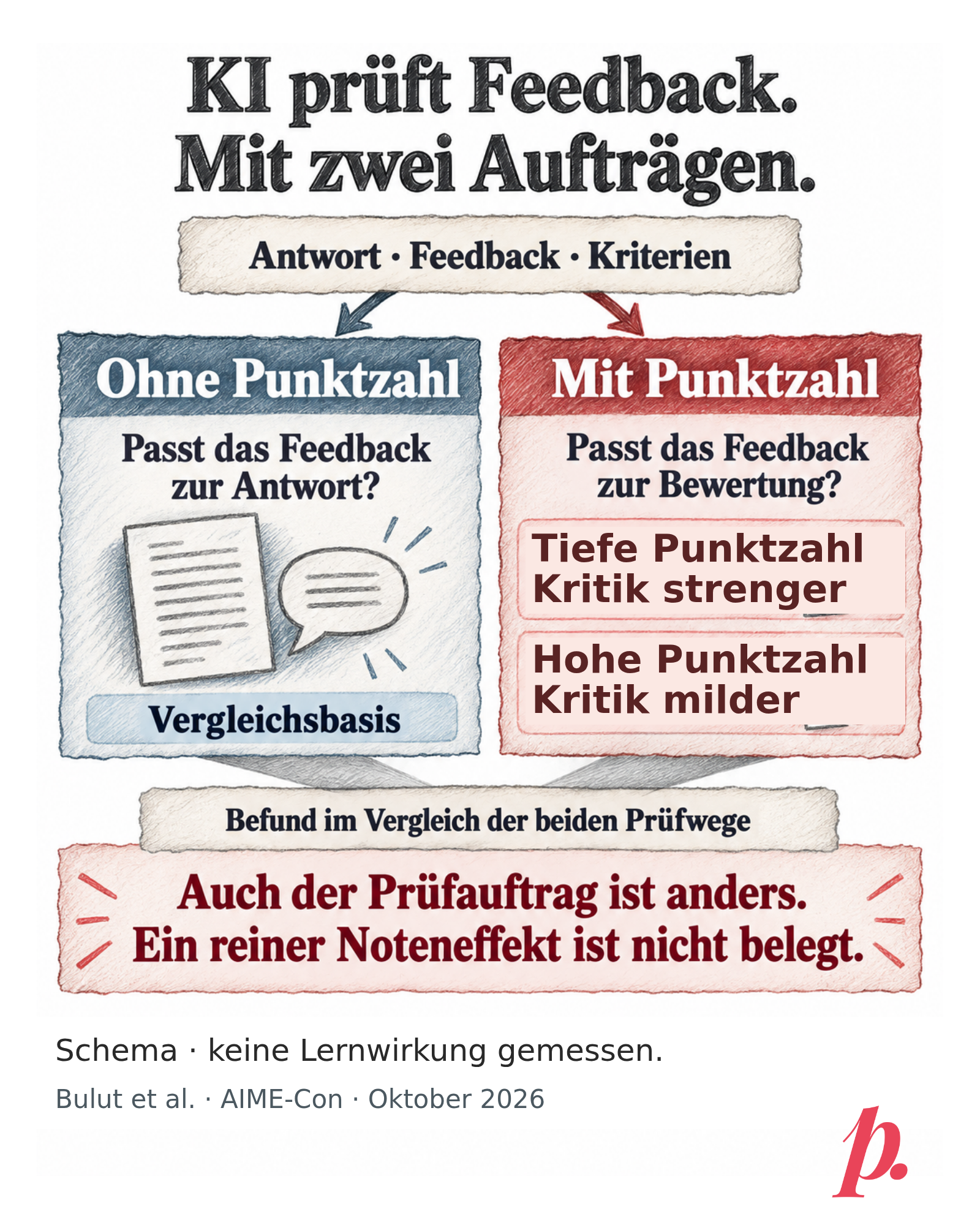 Schematischer Vergleich zweier KI-Prüfwege. Antwort, Feedback und Kriterien gehen an beide Wege. Links ohne Punktzahl: Passt das Feedback zur Antwort? Dieser Weg ist die Vergleichsbasis. Rechts mit Punktzahl: Passt das Feedback zur Bewertung? Bei niedriger Punktzahl fällt die Kritik strenger, bei hoher milder aus als im linken Weg. Auch der Prüfauftrag unterscheidet sich; ein reiner Noteneffekt ist damit nicht belegt. Keine Effektgrössen und keine Lernwirkung dargestellt. Originalmarke Digitales Pausenbrot am unteren Rand.