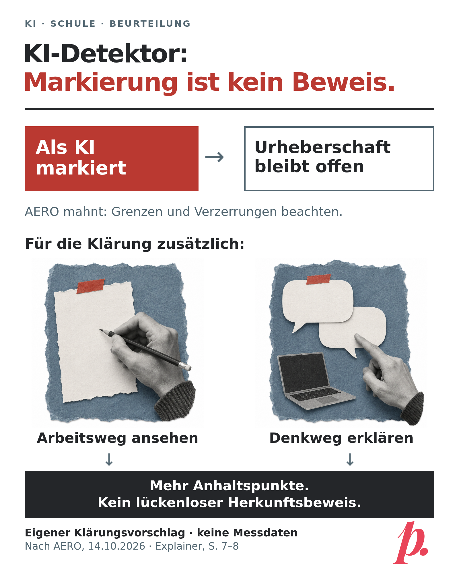 Infografik im Papiercollage-Stil: «KI-Detektor: Markierung ist kein Beweis.» Oben führt ein Pfeil von «Als KI markiert» zu «Urheberschaft bleibt offen». Darunter: «Für die Klärung zusätzlich». Zwei gleich grosse Collagefelder zeigen eine schreibende Hand für «Arbeitsweg ansehen» und Gesprächsblasen für «Denkweg erklären». Beide führen zur gemeinsamen Aussage «Mehr Anhaltspunkte. Kein lückenloser Herkunftsbeweis.» Die Grafik ist als eigener Klärungsvorschlag eingeordnet, nicht als gemessenes Verfahren. Quelle: AERO, 14.10.2026, S. 7–8. Original-Logo Digitales Pausenbrot unten rechts.