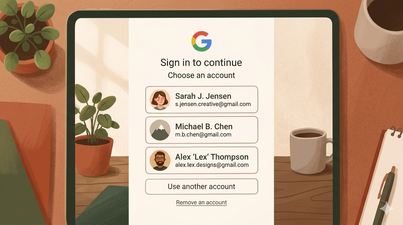 Screenshot: Google-Anmeldeseite mit dem Auswahlfeld für das Konto – Schritt 2 und 3 des Anmeldevorgangs sichtbar