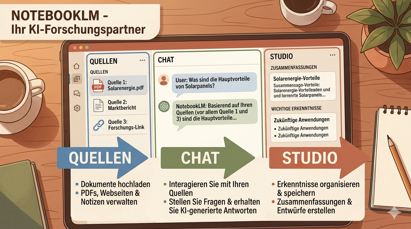 Screenshot: Geöffnetes Notebook mit allen drei Bereichen beschriftet – Quellen links, Chat Mitte, Notizen rechts – mit Pfeilen und Bezeichnungen