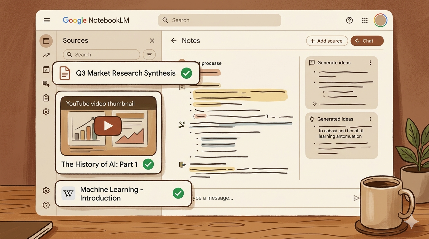 Screenshot: Fertig befülltes Quellen-Panel mit drei benannten Quellen – PDF, YouTube und Wikipedia sichtbar und aktiv