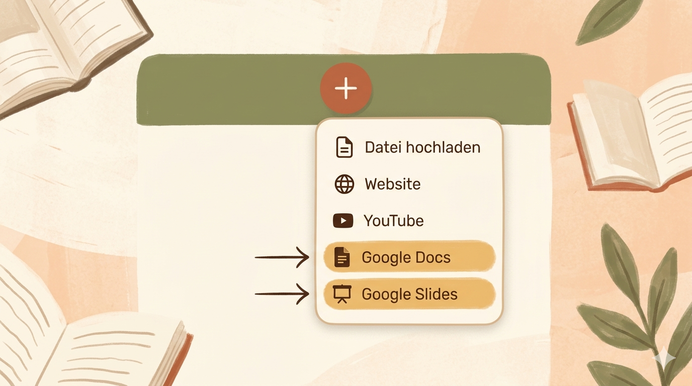 Screenshot: Geöffnetes Dropdown-Menü vom +-Symbol mit den Optionen 'Datei hochladen', 'Website', 'YouTube' usw. sichtbar