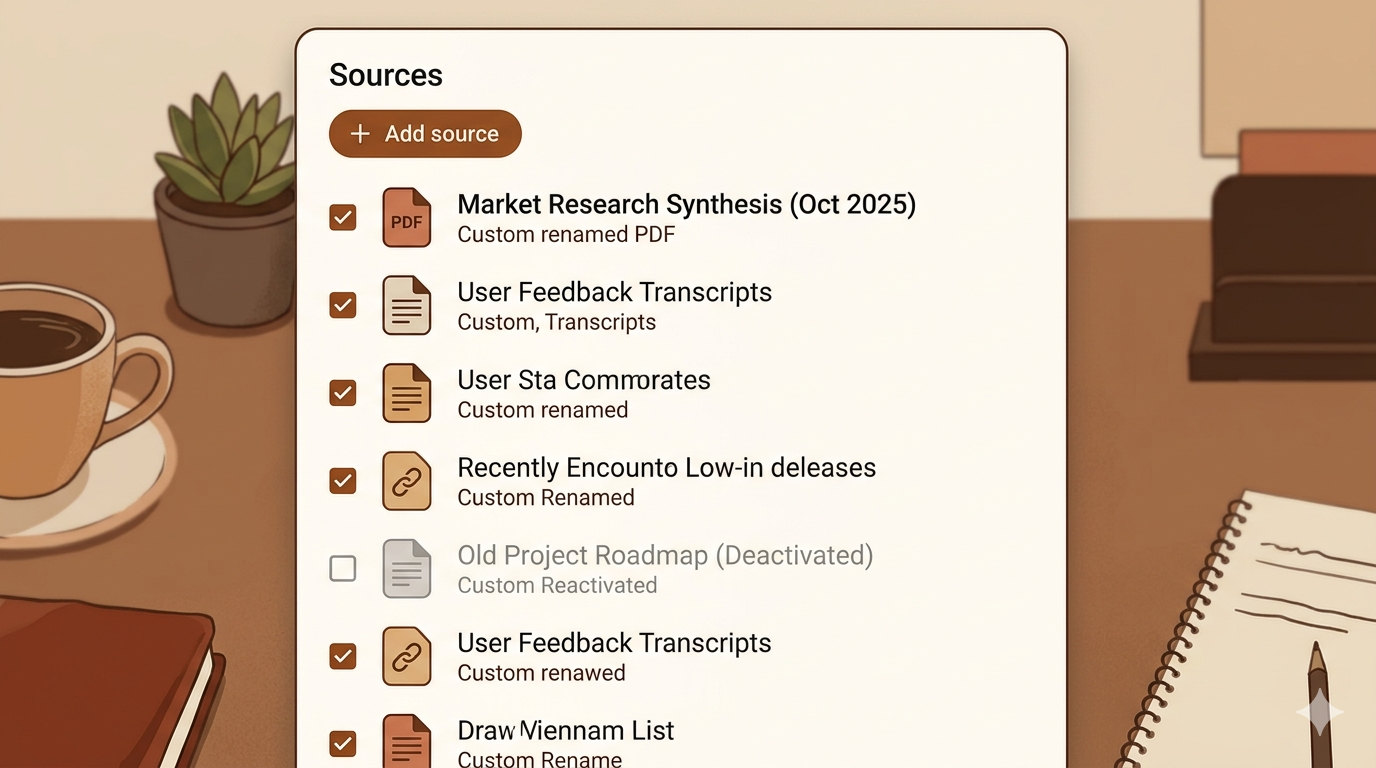 Screenshot: Quellen-Panel mit umbenannten Quellen und einer deaktivierten Quelle (ausgegraut) – Checkbox-Status sichtbar