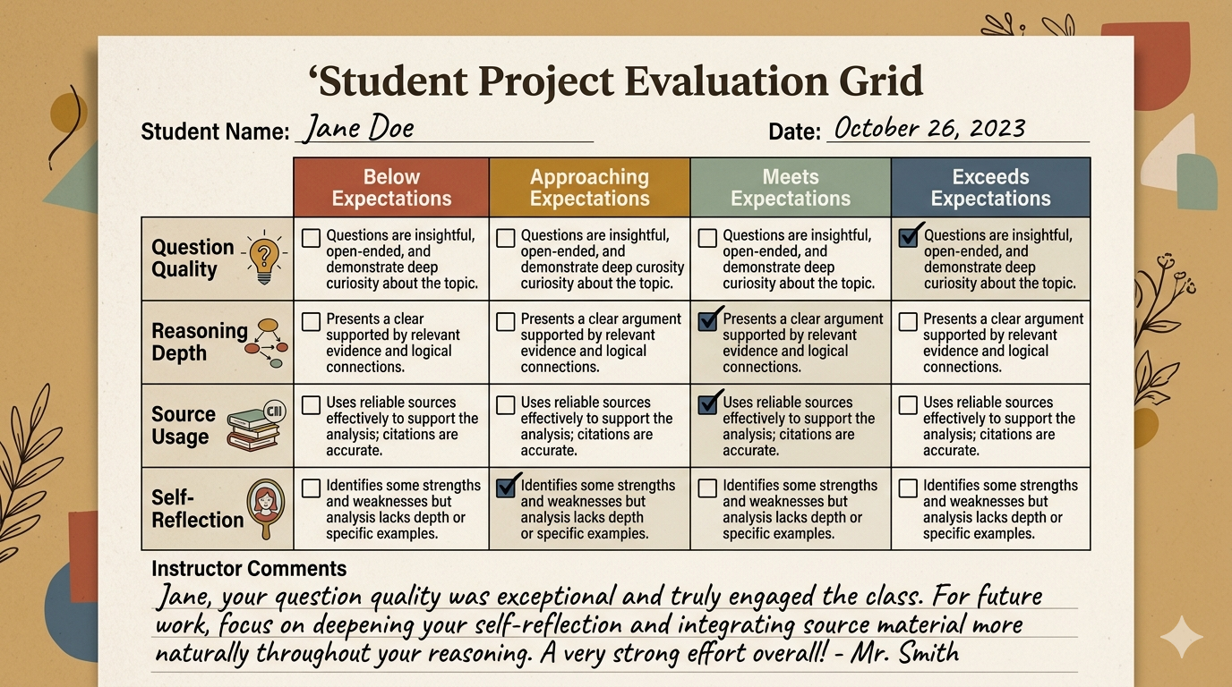 Screenshot: Ausgefülltes Bewertungsraster für eine:n Schüler:in – alle vier Kriterien mit Einstufung und Kommentar sichtbar