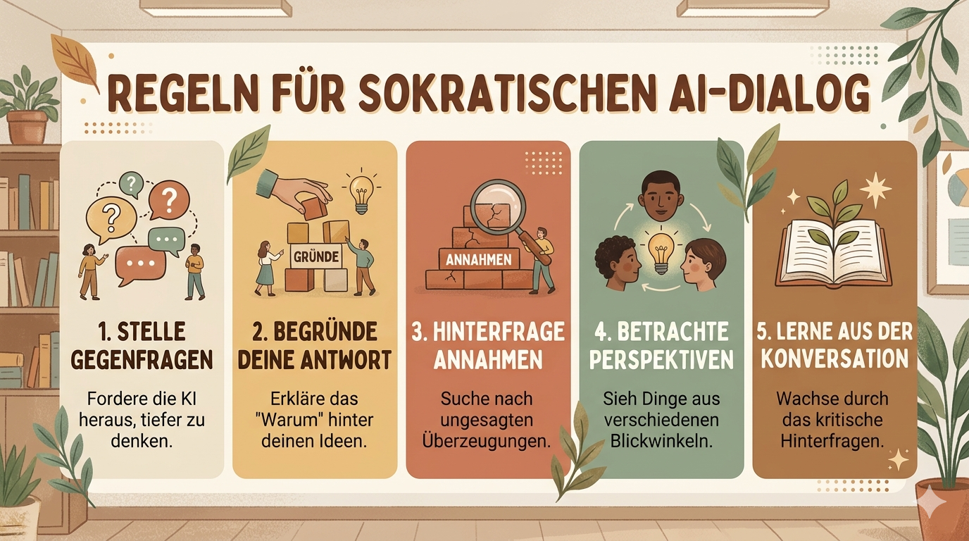 Screenshot: Einfache Regeln für den sokratischen KI-Dialog als Folie oder Plakat – gut lesbar, wenige Stichpunkte