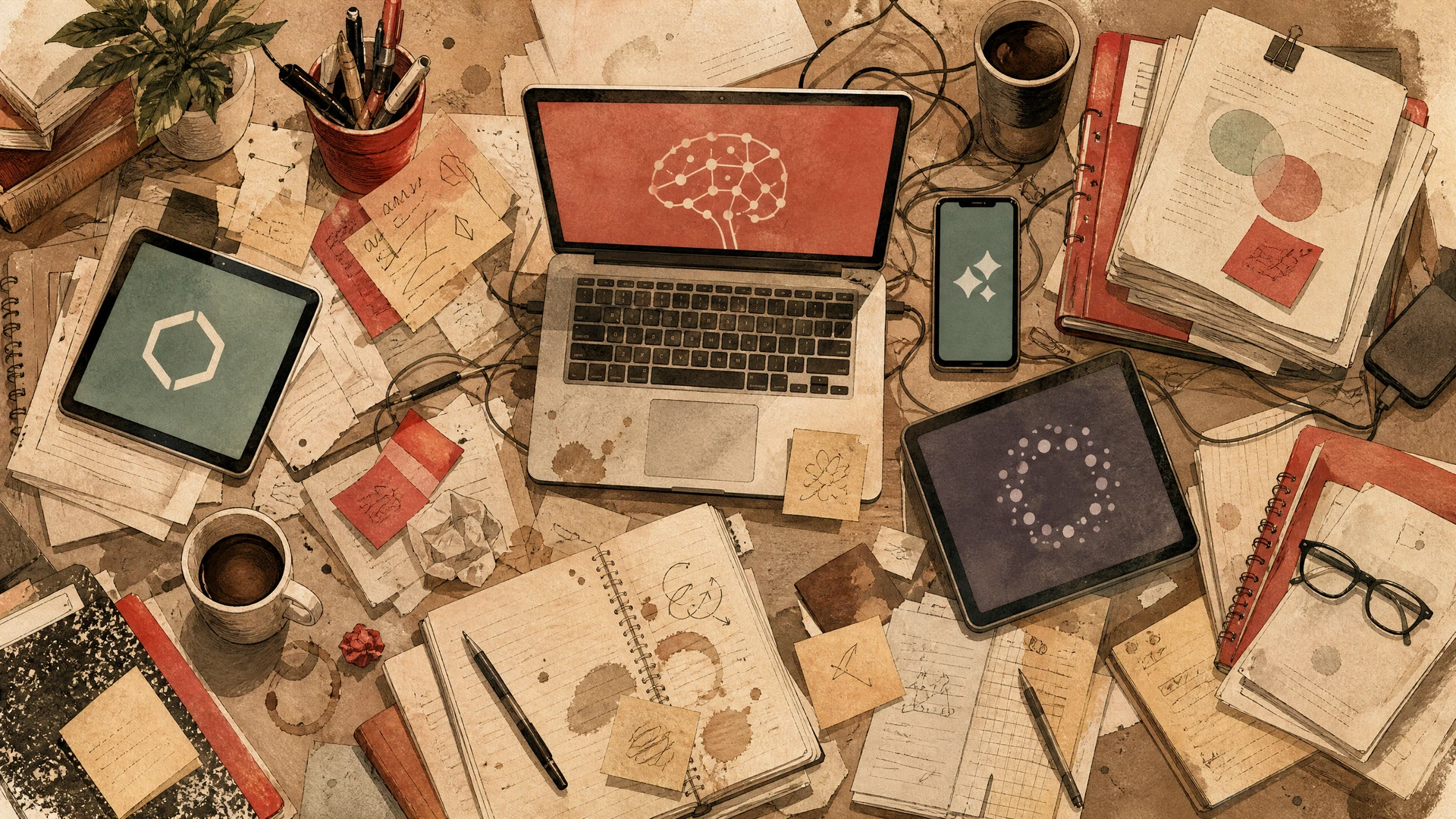 Überladener Schreibtisch mit zu vielen Tools