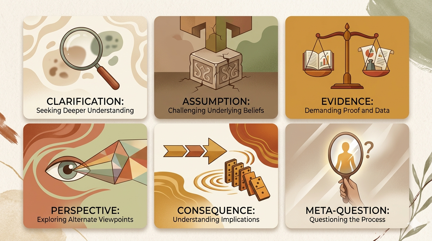 Screenshot: Übersichtstabelle der sechs Fragetypen, idealerweise als Postkarten-Format oder Lernkarte