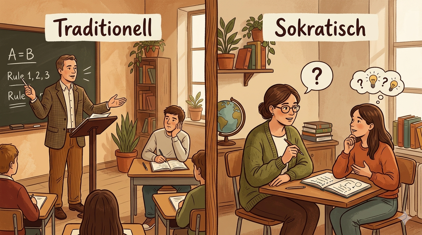 Screenshot: Vergleichstabelle nebeneinander – links traditionell, rechts sokratisch – gut lesbar formatiert