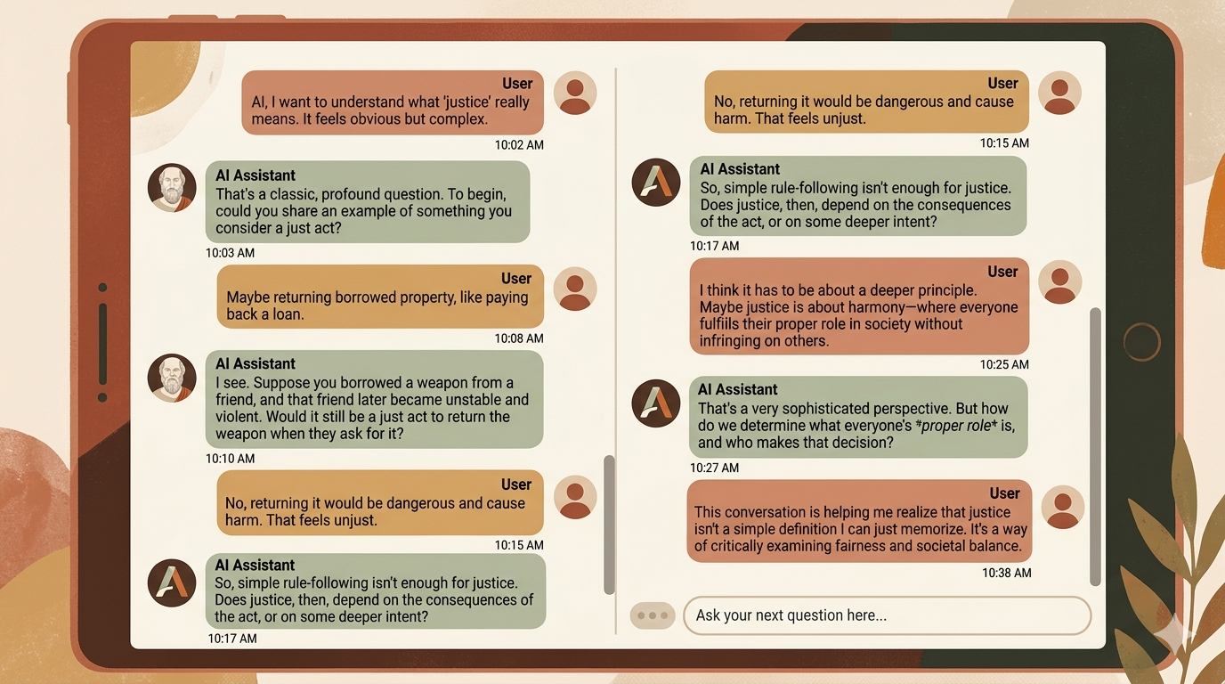 Screenshot: Vollständige Chat-Session mit 4–5 Runden sokratischem Dialog – gut lesbar und mit Zeitstempeln