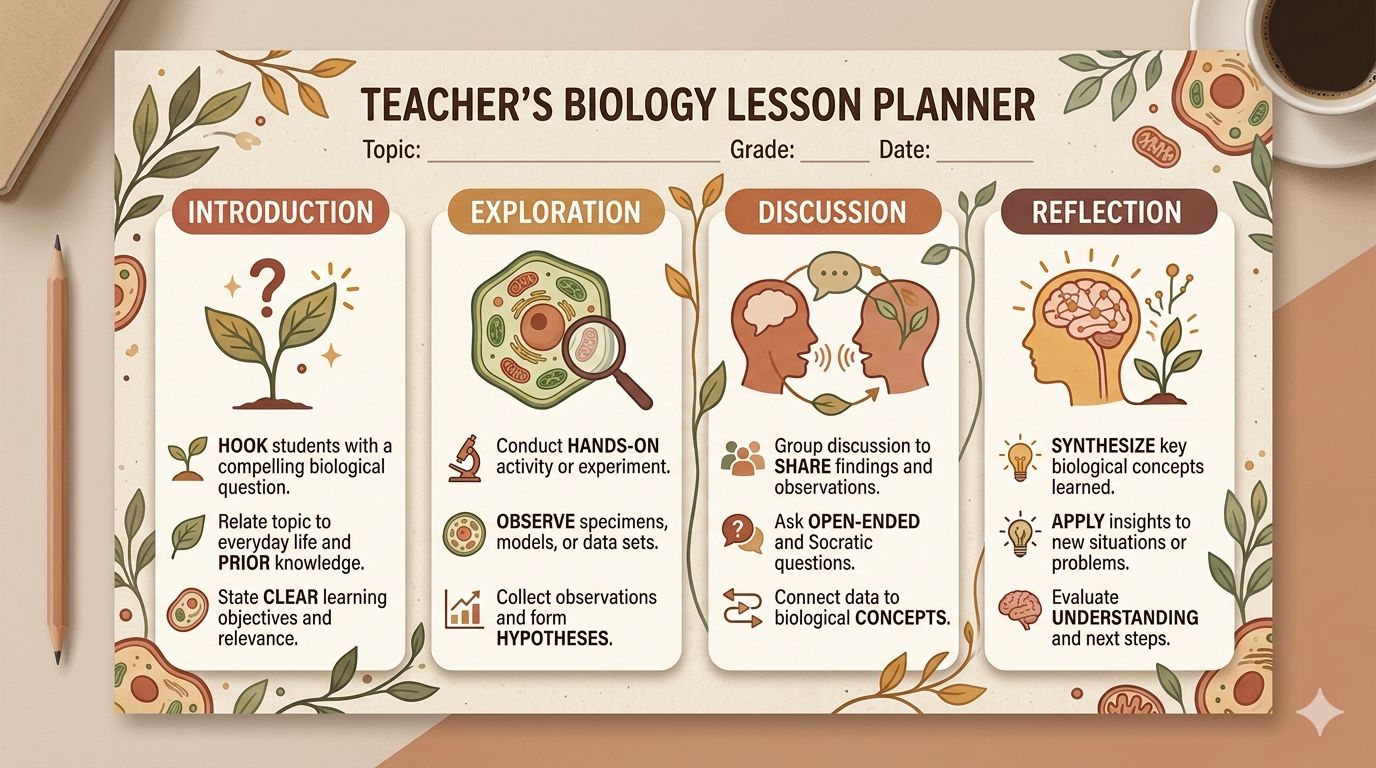 Screenshot: Ausgefüllte Unterrichtsplanungs-Vorlage für eine Biologielektion – alle vier Phasen sichtbar