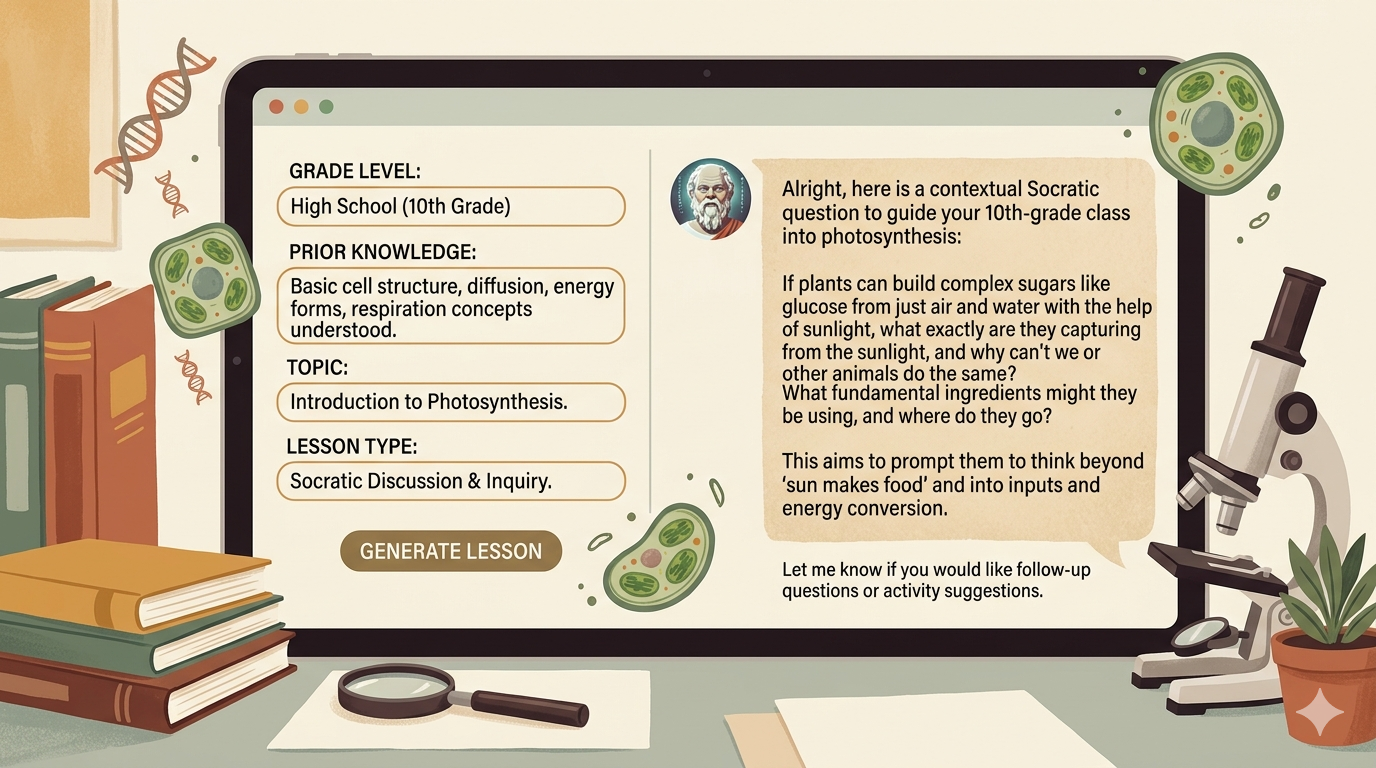 Screenshot: Ausgefülltes Prompt-Template für Biologie – mit Stufe, Vorwissen und erstem KI-Dialog