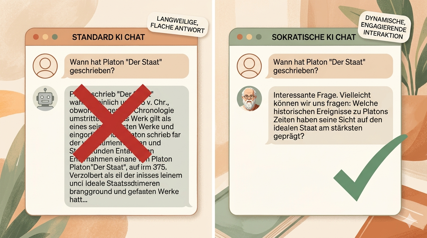 Screenshot: Zwei Chat-Vergleiche nebeneinander – links normaler KI-Chat mit Antwort, rechts sokratischer KI-Chat mit Rückfrage