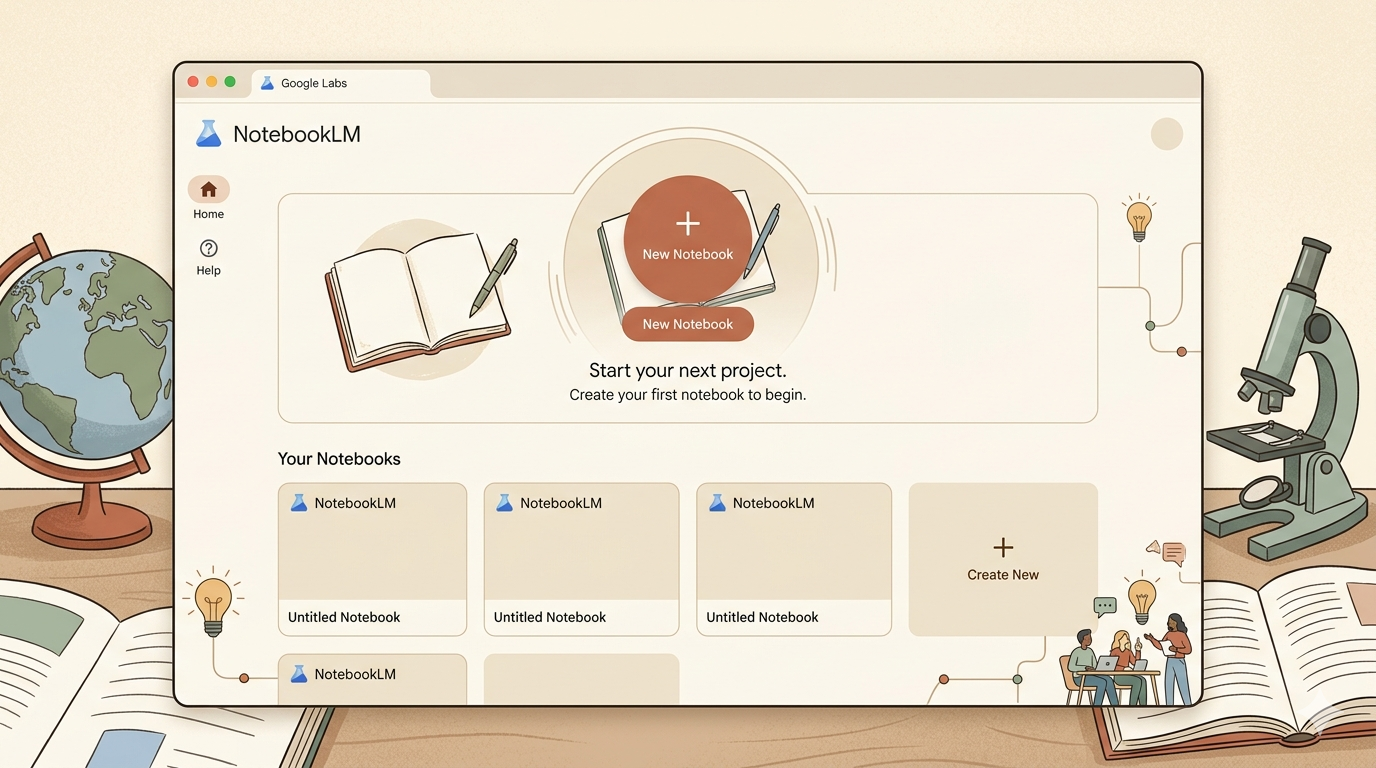 Screenshot: Startseite von notebooklm.google.com – leere Notebook-Übersicht, bevor das erste Notebook erstellt wird