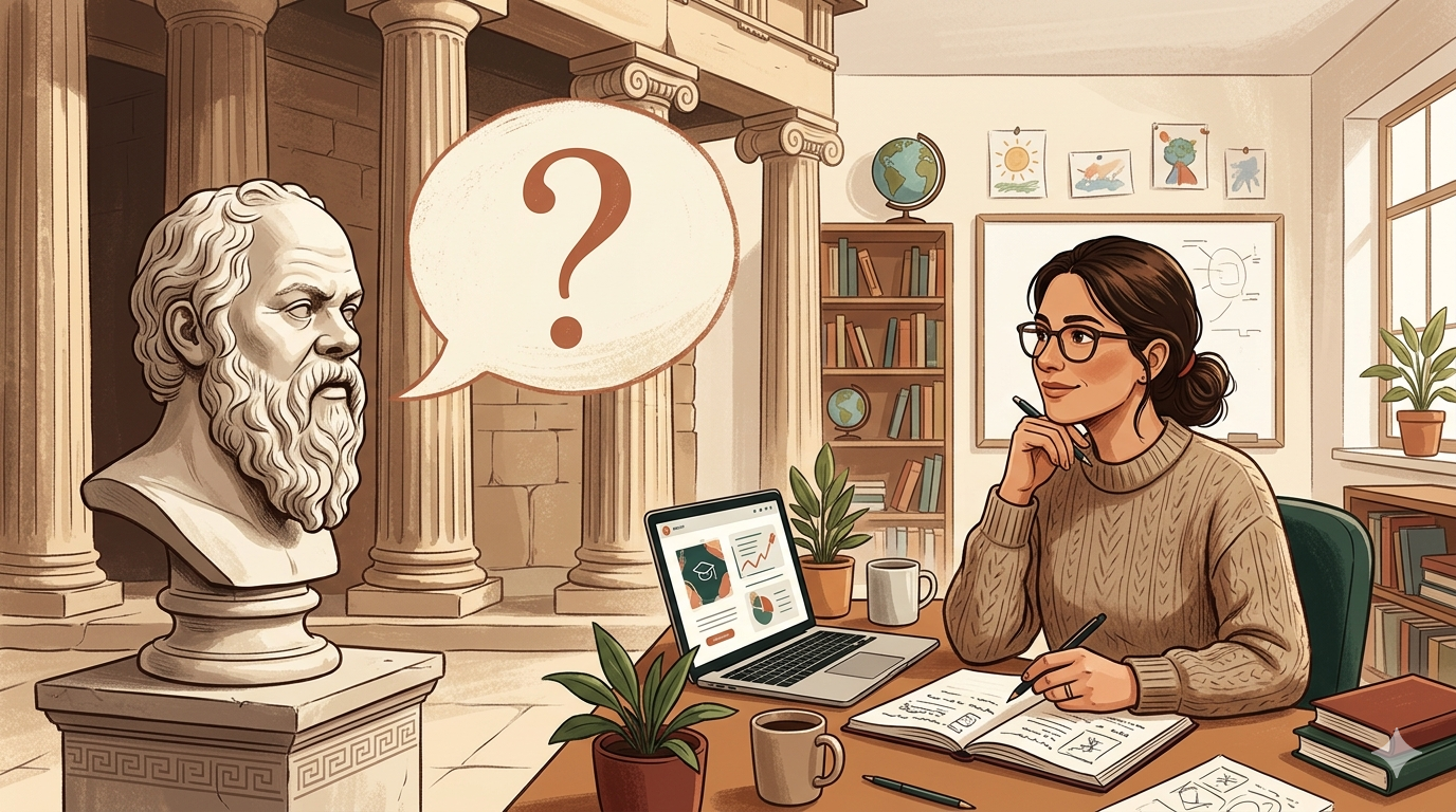 Screenshot: Porträt von Sokrates oder historische Darstellung, daneben eine Sprechblase mit einer Frage