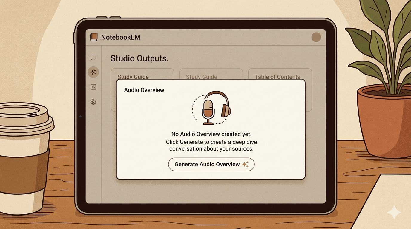Screenshot: Bereich 'Studioausgaben' in NotebookLM – Audio-Overview-Button sichtbar, noch kein Audio erstellt