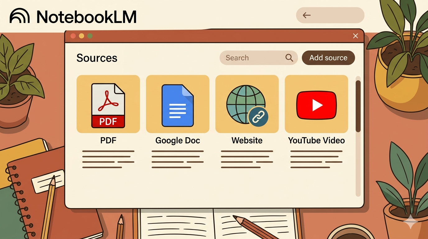 Screenshot: NotebookLM Quellen-Panel mit verschiedenen Quell-Typen – PDF, Google Doc, Website-Link und YouTube nebeneinander